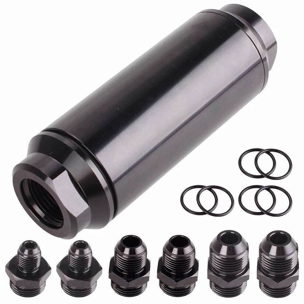 High Flow Inline Fuel Filter 100 Micron Cleanable 6AN/8AN/10AN Adapter