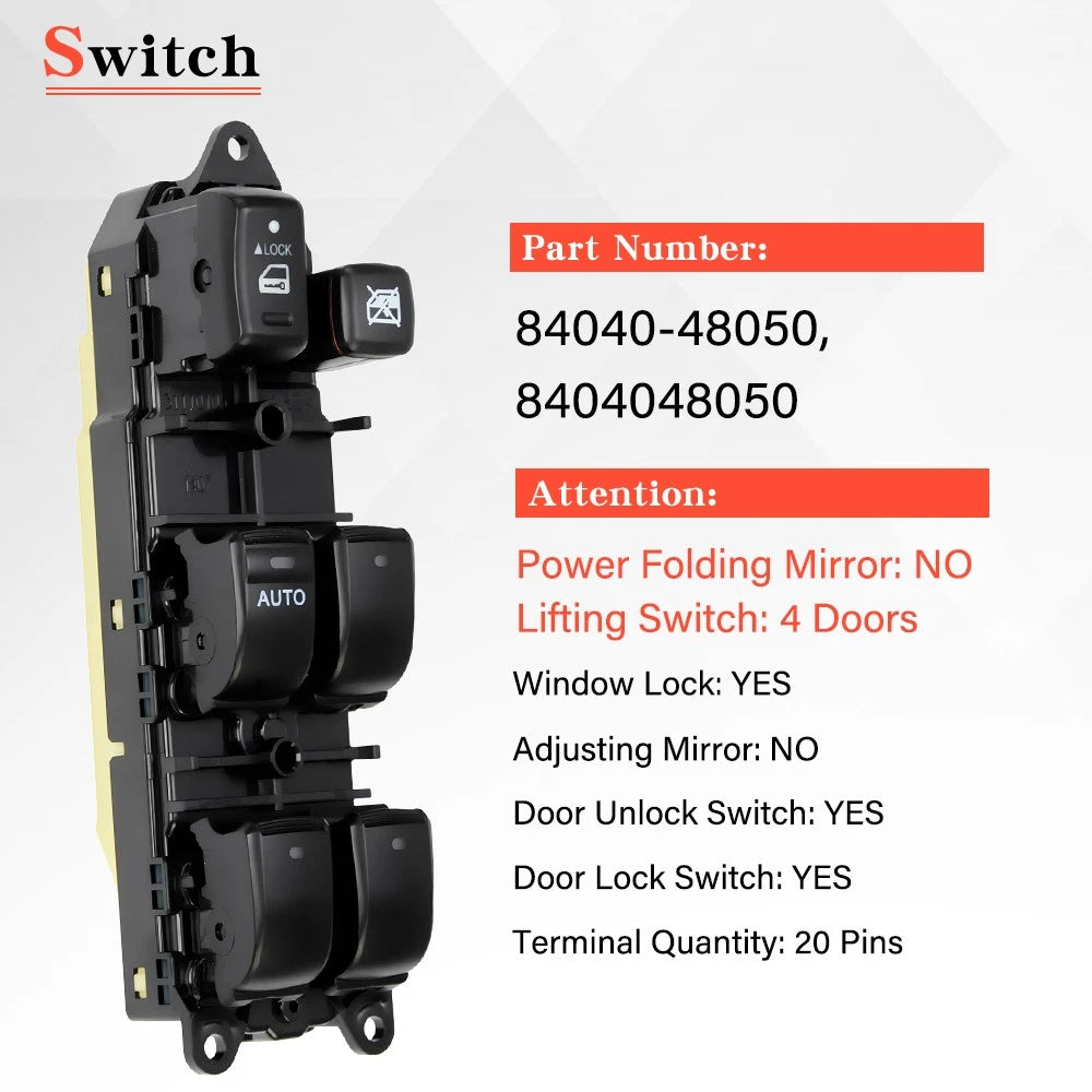 Driver Master Left Electric Power Window Switch for Toyota Highlander (2001–2007)