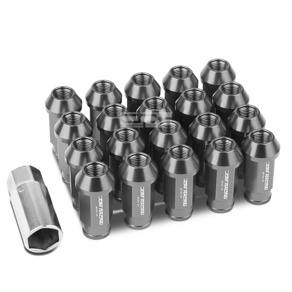 Set of 20 Open End M12x1.25 50mm Tall Gun Metal Universal Lug Nuts + Lock Key