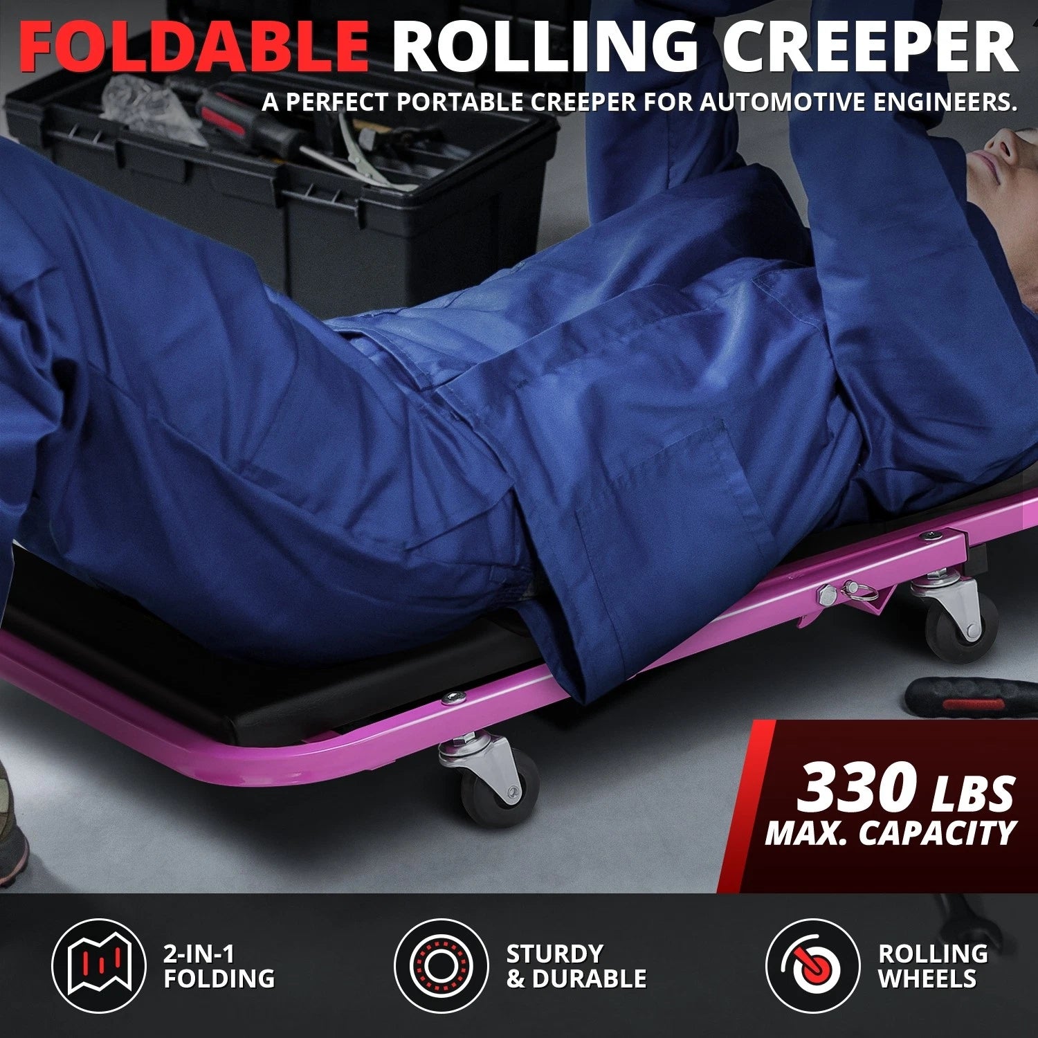 2-in-1 Rolling Creeper for Universal Fit (40" x 17" x 5", 330lbs Capacity)