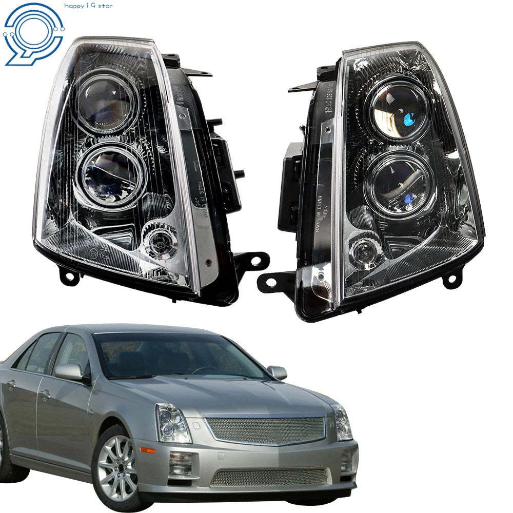 Set of 2 Headlights for Cadillac STS (2005–2011) Halogen Clear Lens Black Housing