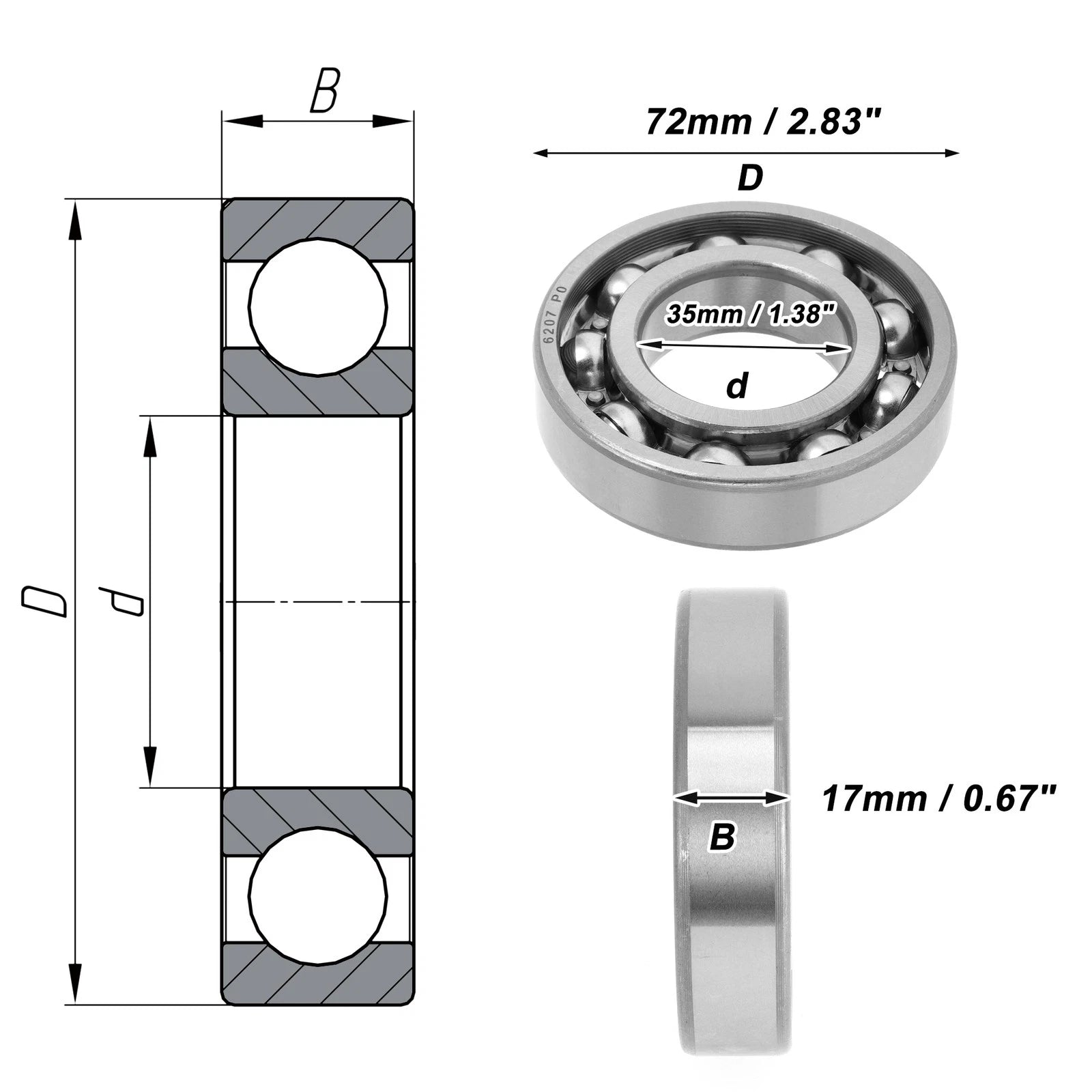 6207 Deep Groove Ball Bearing for Scooter Skateboard Wheel (P0 35x72x17mm)