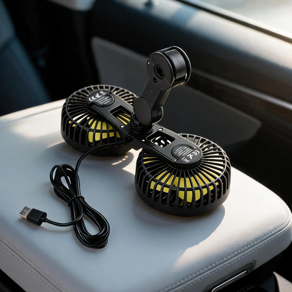 Dual Head USB Car Fan for Rear Seat Comfort (360° Rotation)