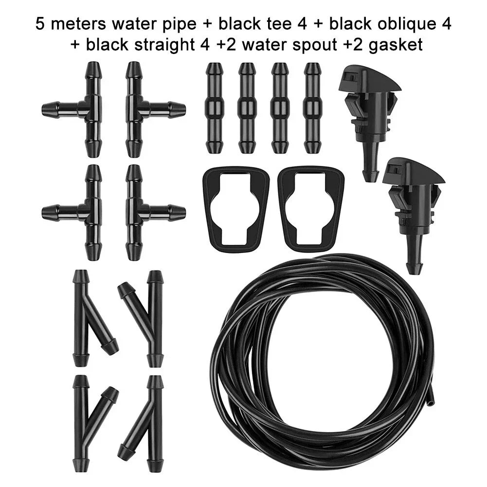 Windscreen Washer 5M Black Hose Connectors Nozzle Pump for Vehicle