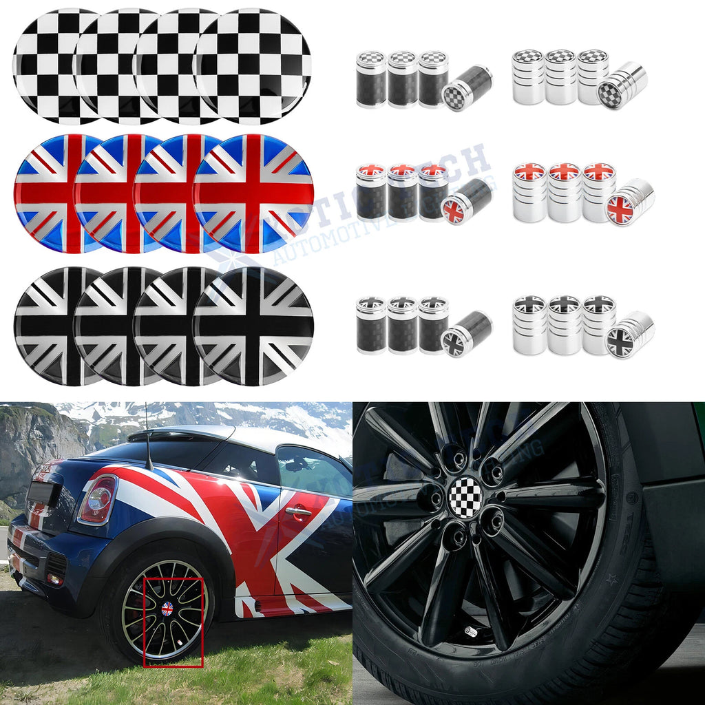 Black Union Jack Car Wheel Center Cap and Valve Caps for Mini Cooper (2002–2024)