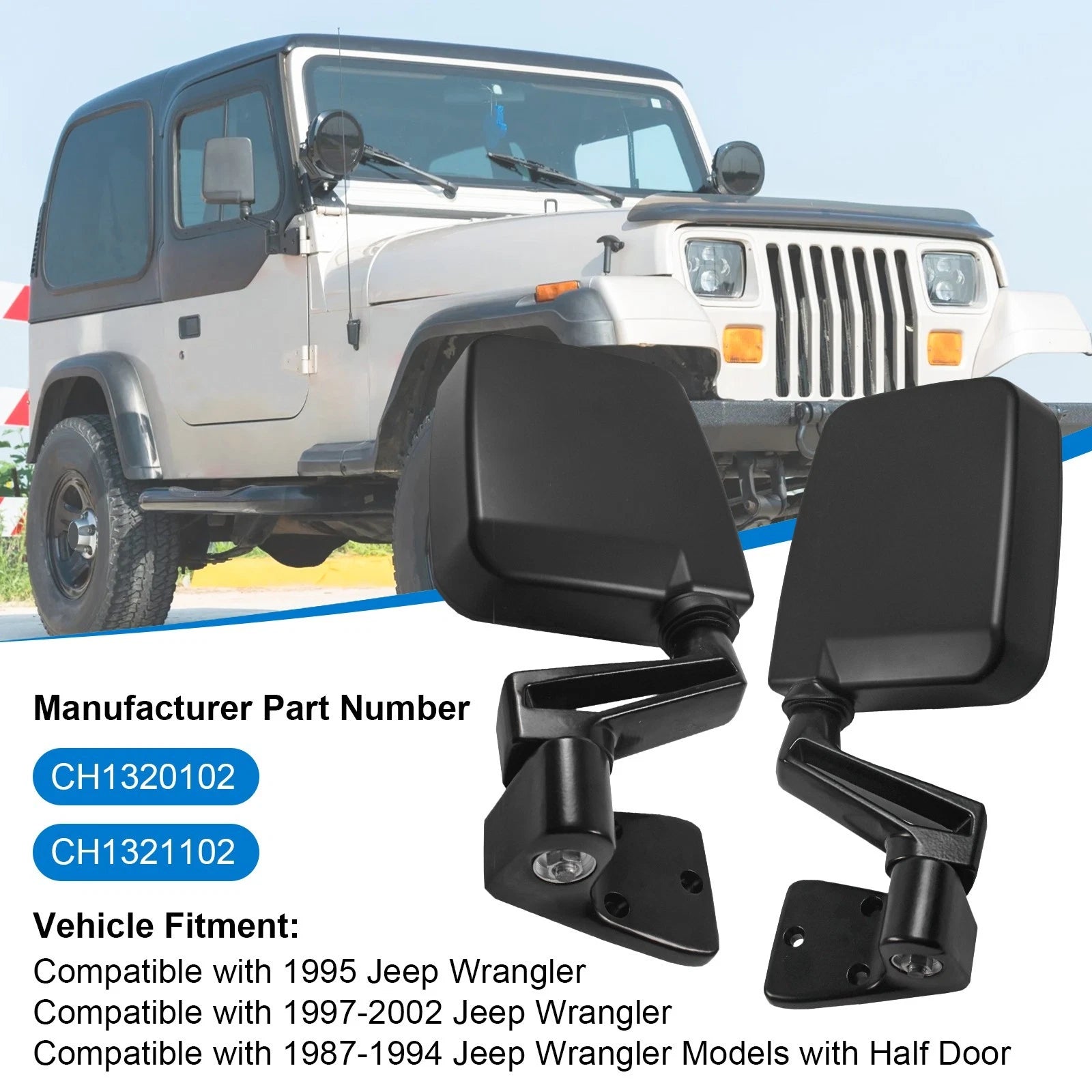 Pair Black Manual Side View Door Mirrors for Jeep Wrangler (1987–2002)