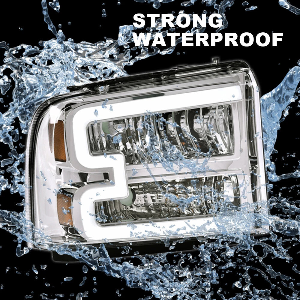 Clear Chrome LED DRL Headlights for Ford F250 F350 Super Duty (2005–2007)