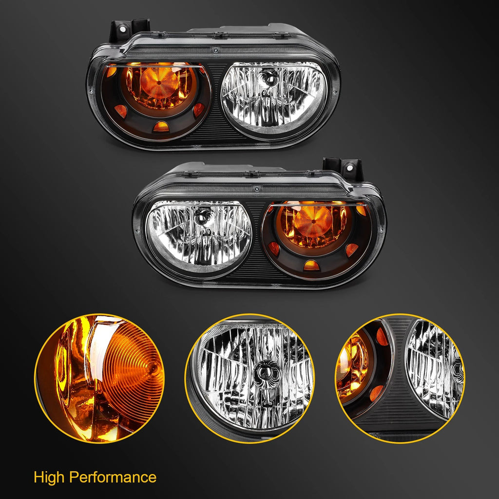 Set of 2 Halogen Black Headlights for Dodge Challenger (2008–2014)