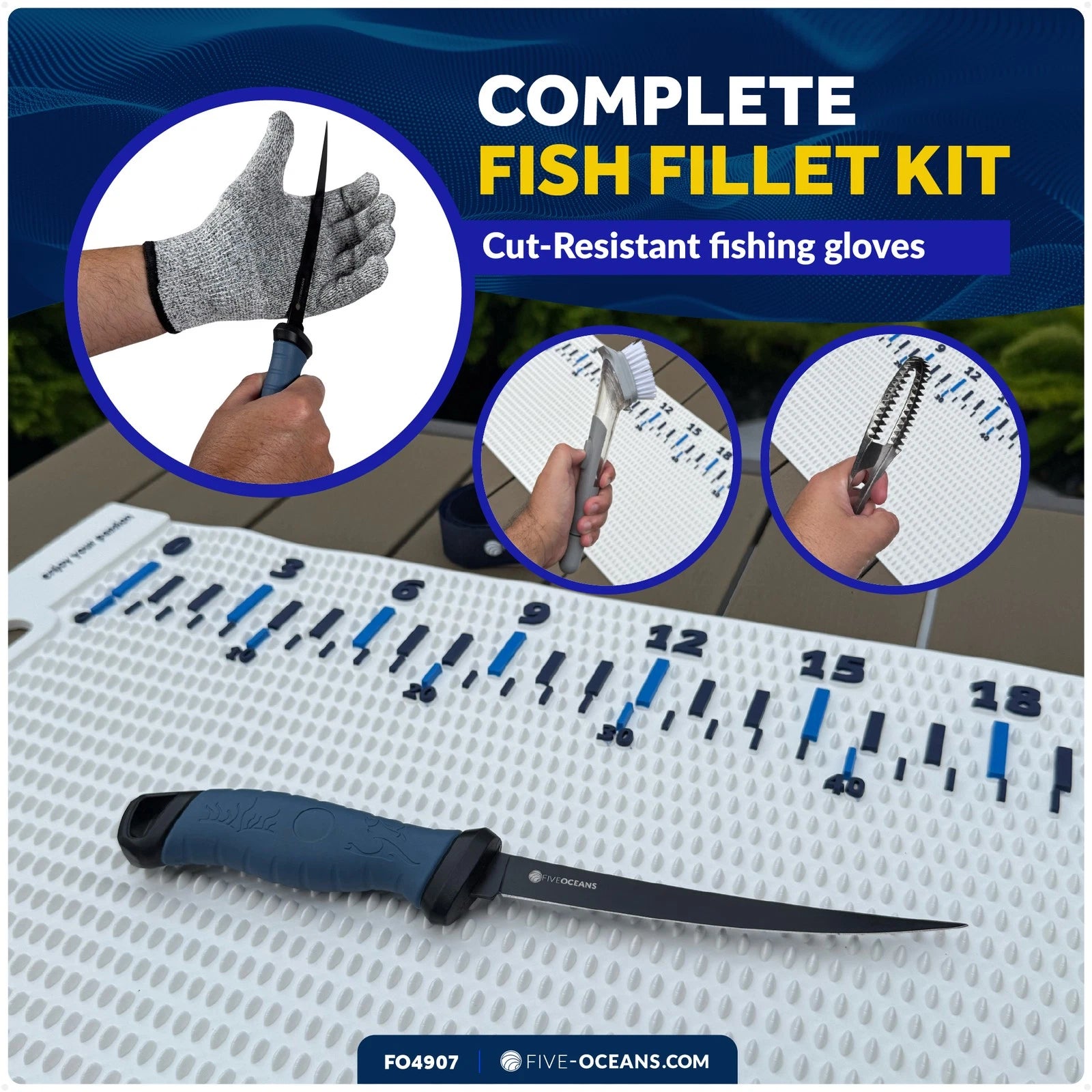 Fish Fillet Mat Kit with Knife & Gloves for Fishing (28" x 14")