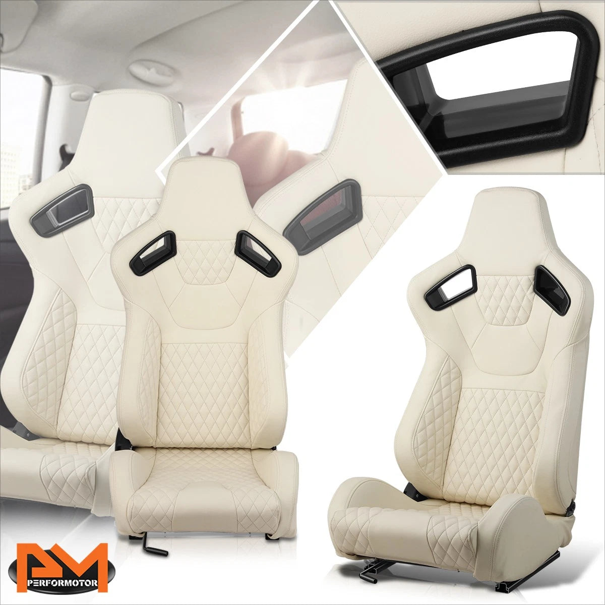 2Pcs Reclinable Racing Seats for Universal Fit (Leather, White)