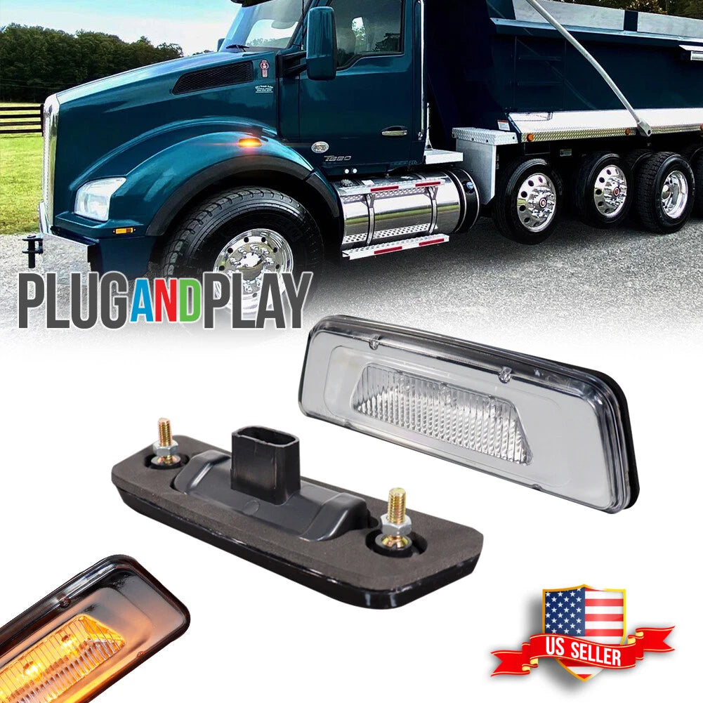 Set of 2 Clear Amber LED Indicator Side Marker Lights for Kenworth T680 