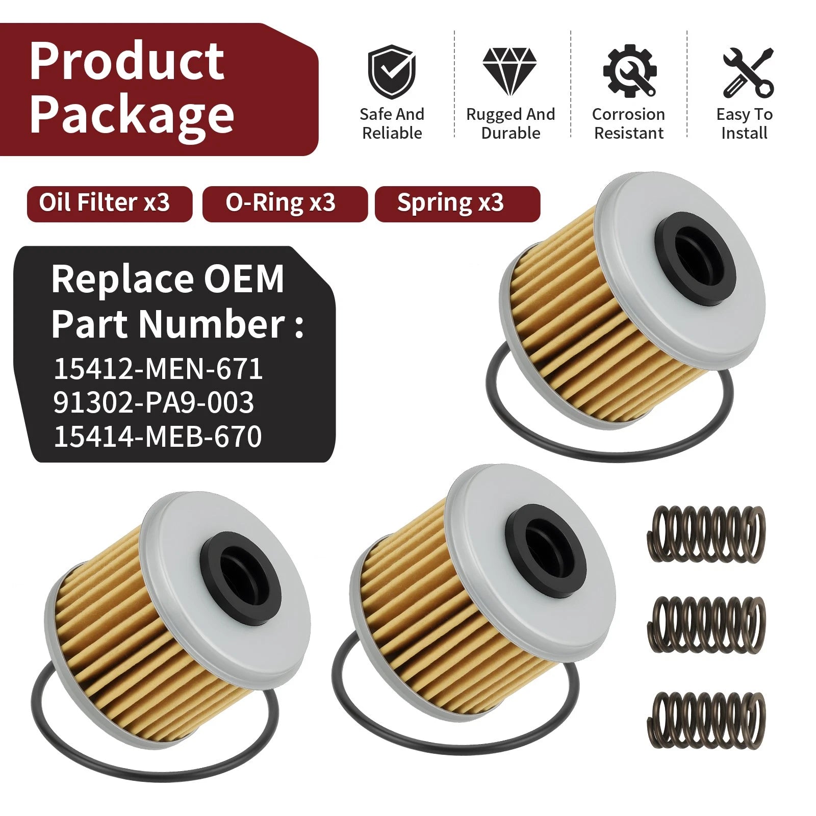 3PCS Oil Filter w/O-Ring for Honda TRX450R/TRX450ER (2004–2009)