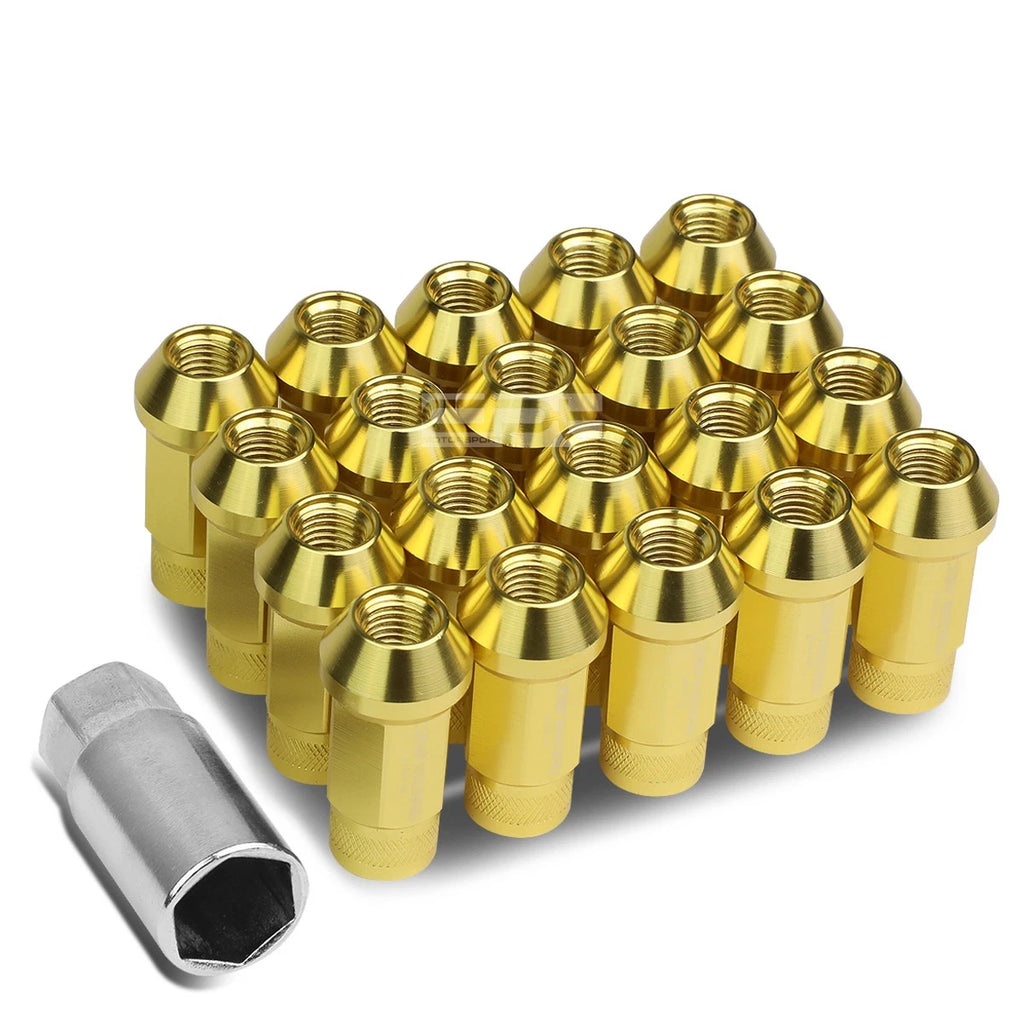 20 PCS Open End M12x1.5 50mm Tall Gold Aluminum Lug Nuts + Adapter