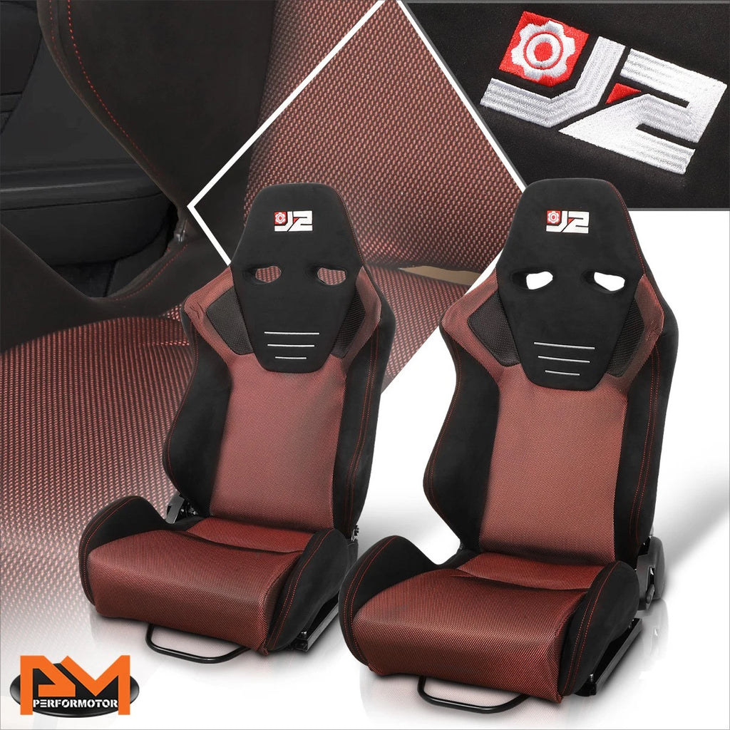 2X Reclinable Racing Bucket Seat with Sliders for Universal Fit (Mesh, Red Stitching)