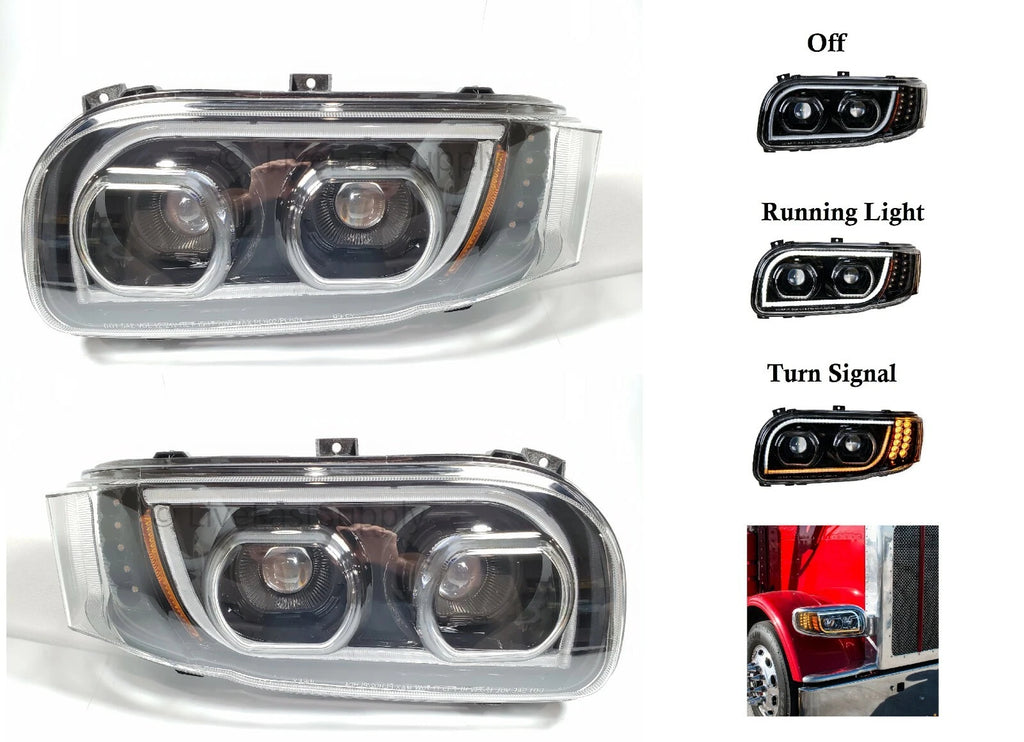 Pair LED Headlights w Dual Function Halo DLR for Peterbilt 388/389 (2013–2025)