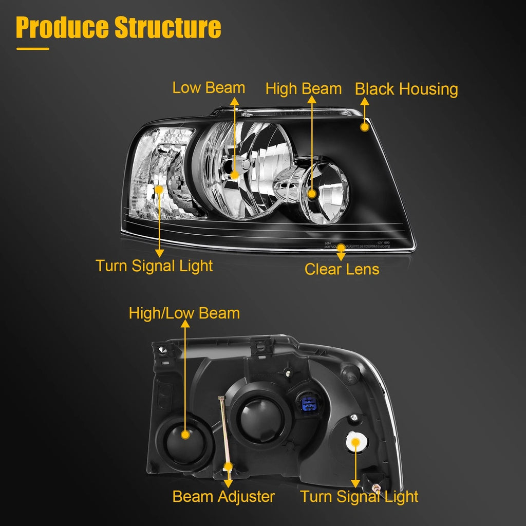 Set of 2 Black Headlight Assembly for Ford Expedition (2003–2006)