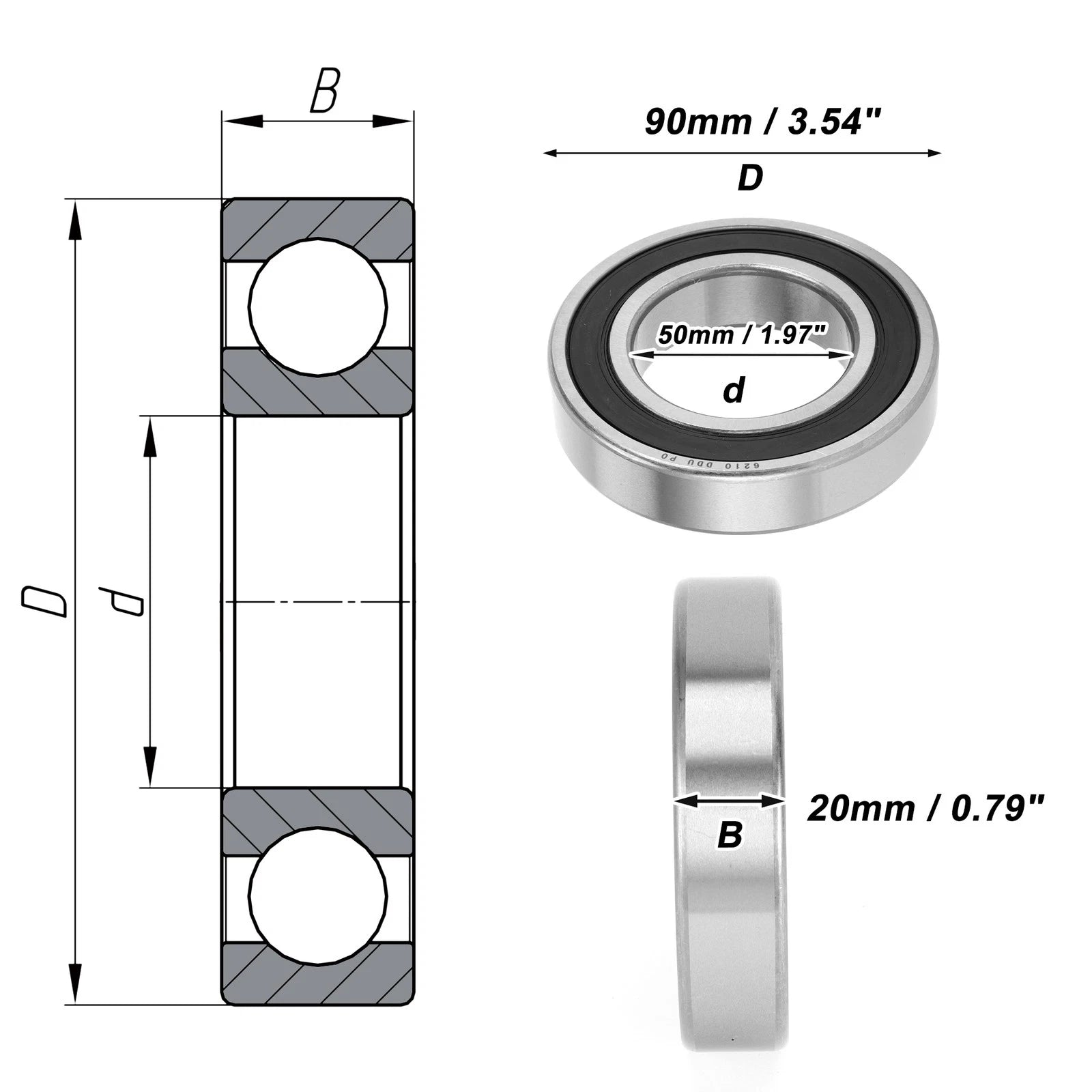 1 Pc 6210DDU Deep Groove Ball Bearing for Scooter Skateboard Wheel (50x90x20mm)