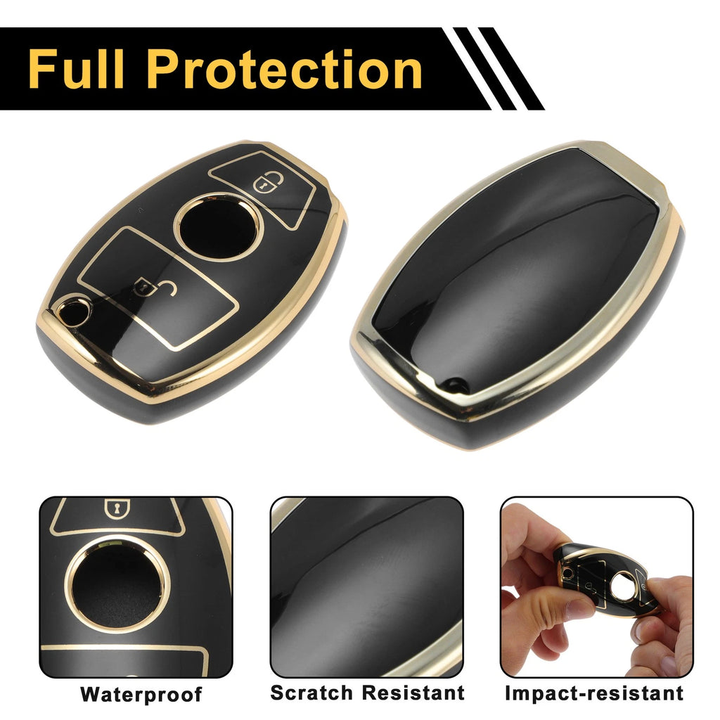 TPU Silicone Car Key Case for Mercedes-Benz (2 Buttons) - Black/Gold Edge