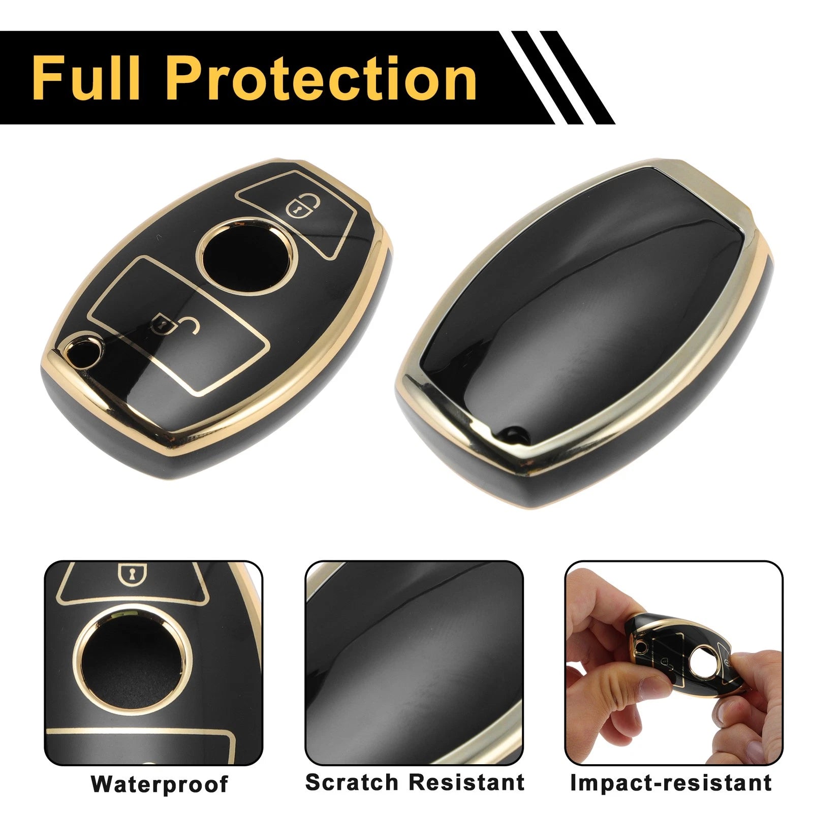 TPU Silicone Car Key Case for Mercedes-Benz (2 Buttons) - Black/Gold Edge