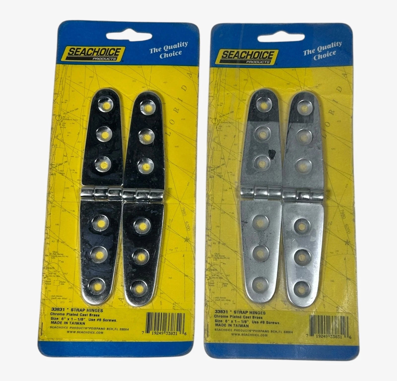 Set of 2 Chrome Plated Brass Strap Hinges 6'' x 1 1/8'' - SeaChoice 33831
