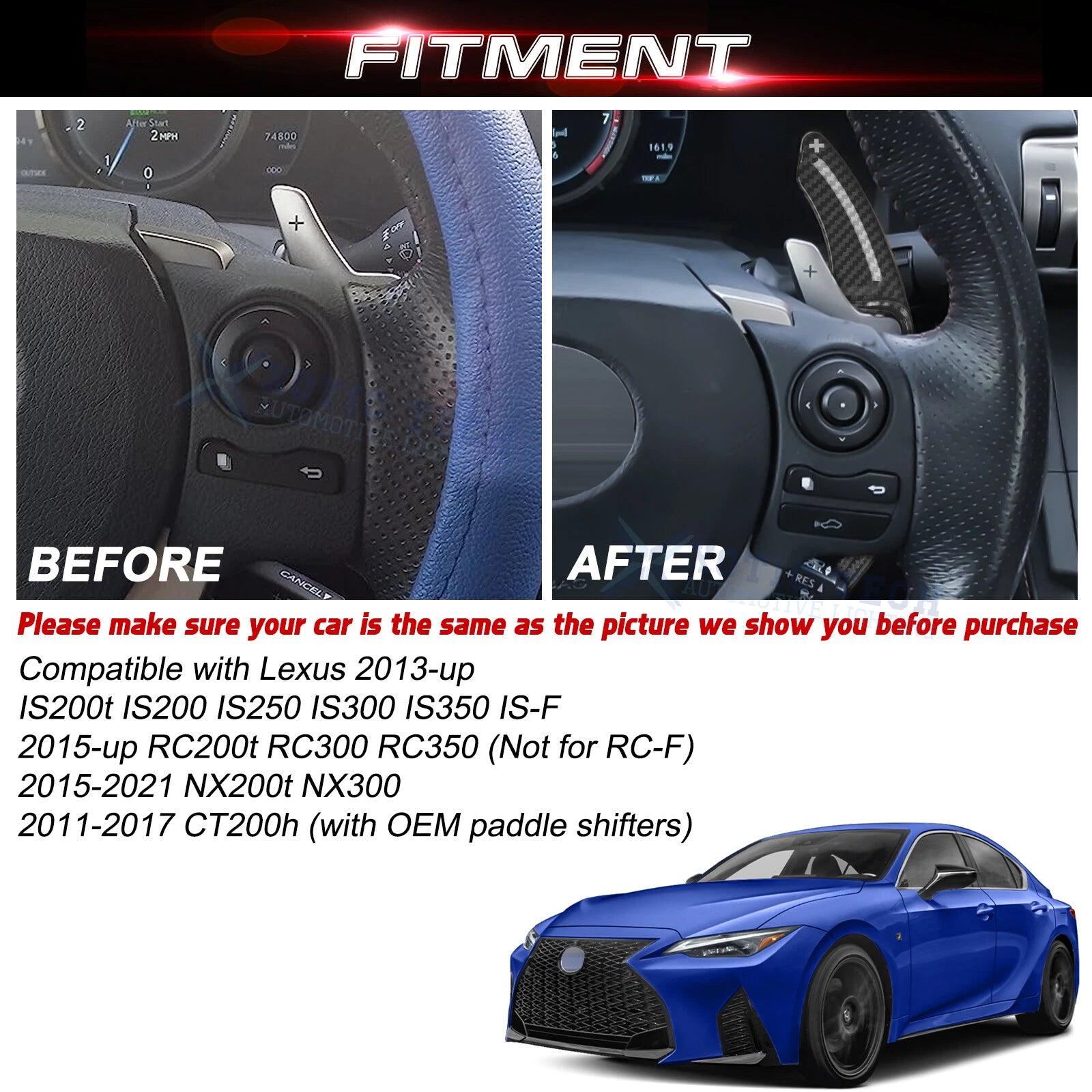 Carbon Fiber Style Steering Wheel Paddle Shifter Extension For Lexus IS (2014-2020)