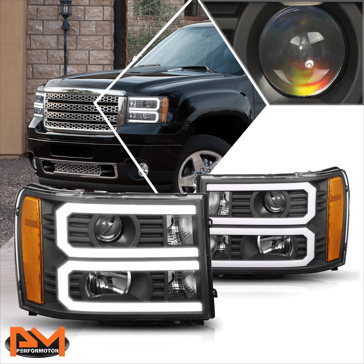 LED DRL Bar Projector Headlight for GMC Sierra (2007–2014) - Black