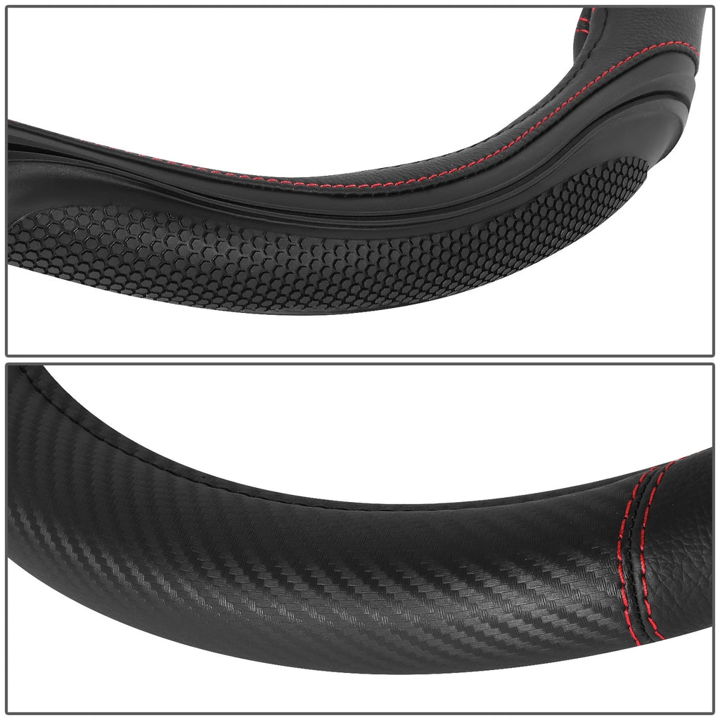 Steering Wheel Cover Carbon Fiber Pattern Red Stitching 15" for Universal Fit