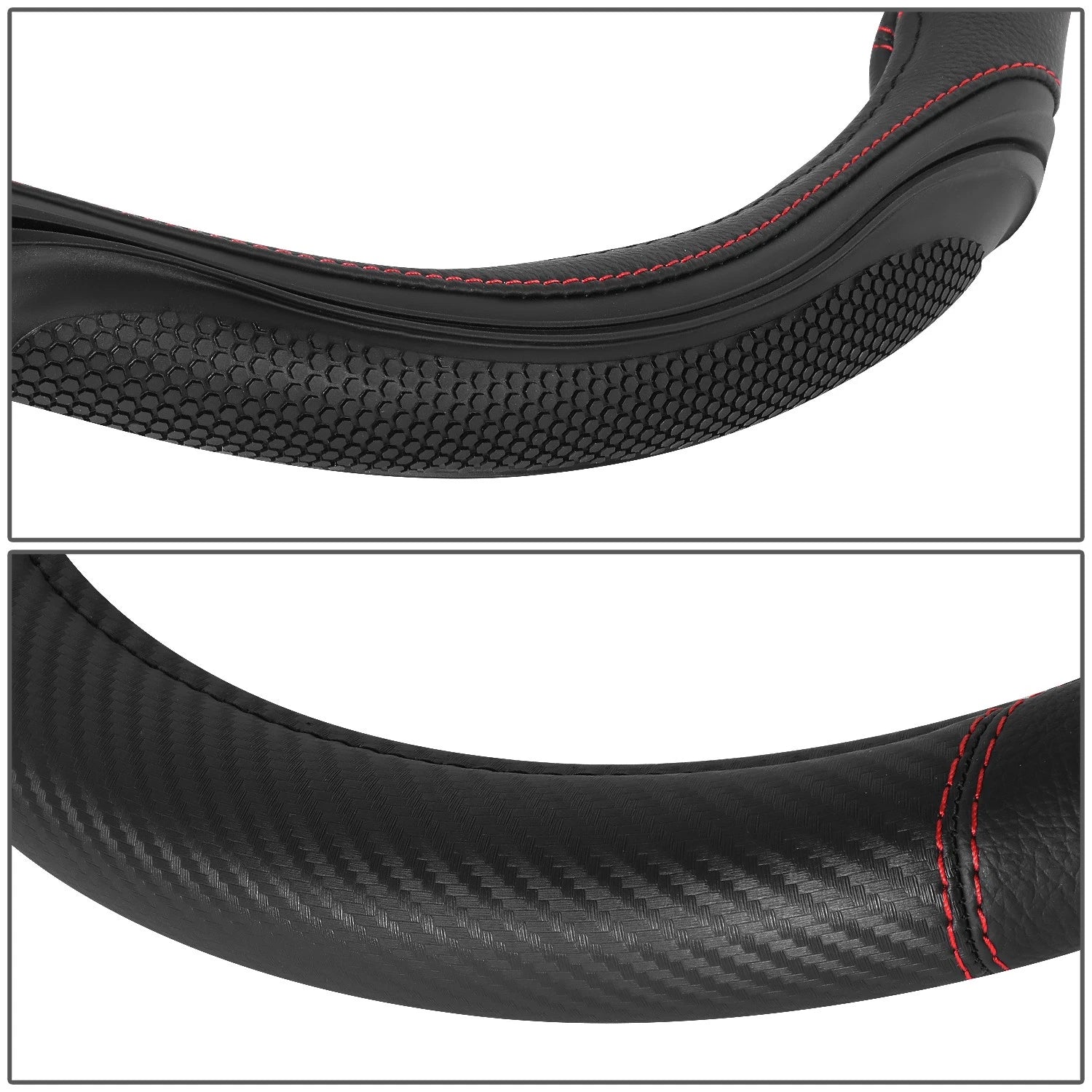 Steering Wheel Cover Carbon Fiber Pattern Red Stitching 15" for Universal Fit