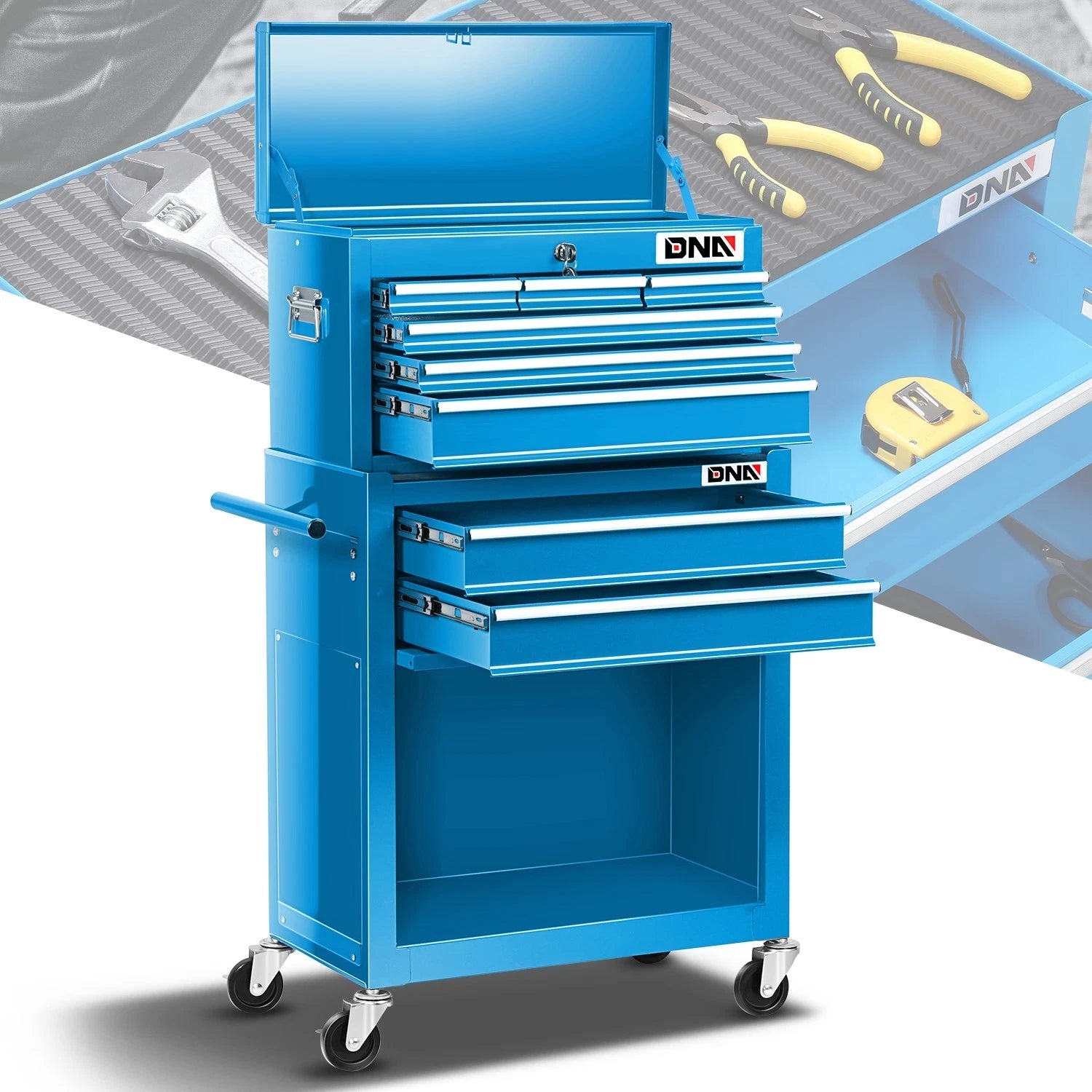 2X Blue 8 Drawer Tool Cabinet with Rolling Casters for Storage
