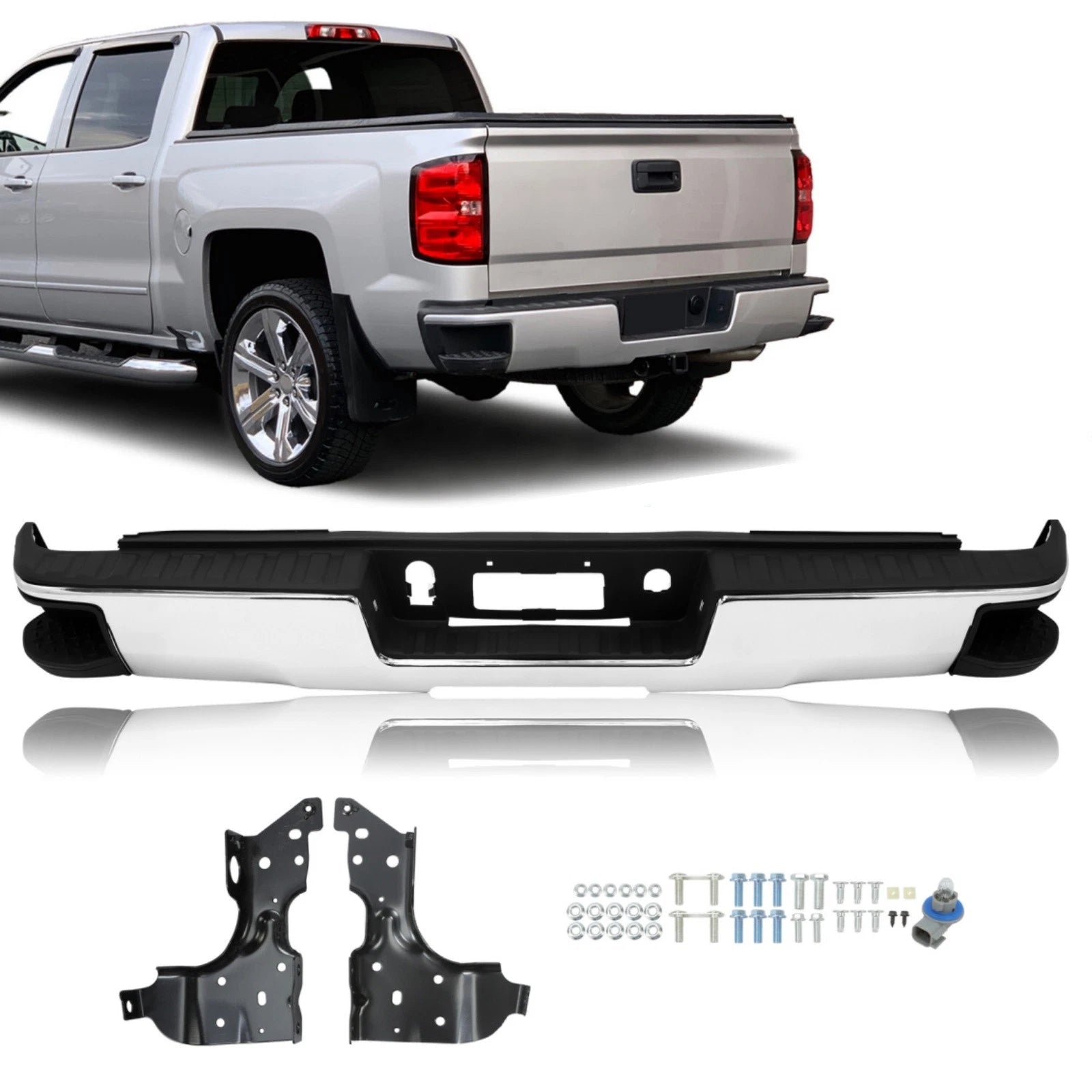 Chrome Rear Step Bumper Assembly for Chevy Silverado GMC Sierra 1500 (2014–2018)