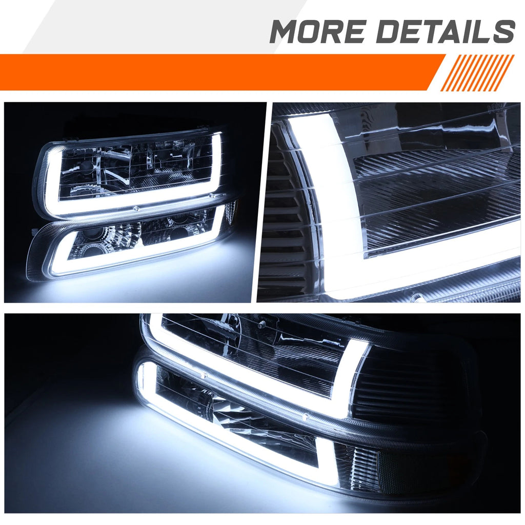LED DRL Chrome Amber Headlights for Chevy Silverado Suburban Tahoe (1999–2006)