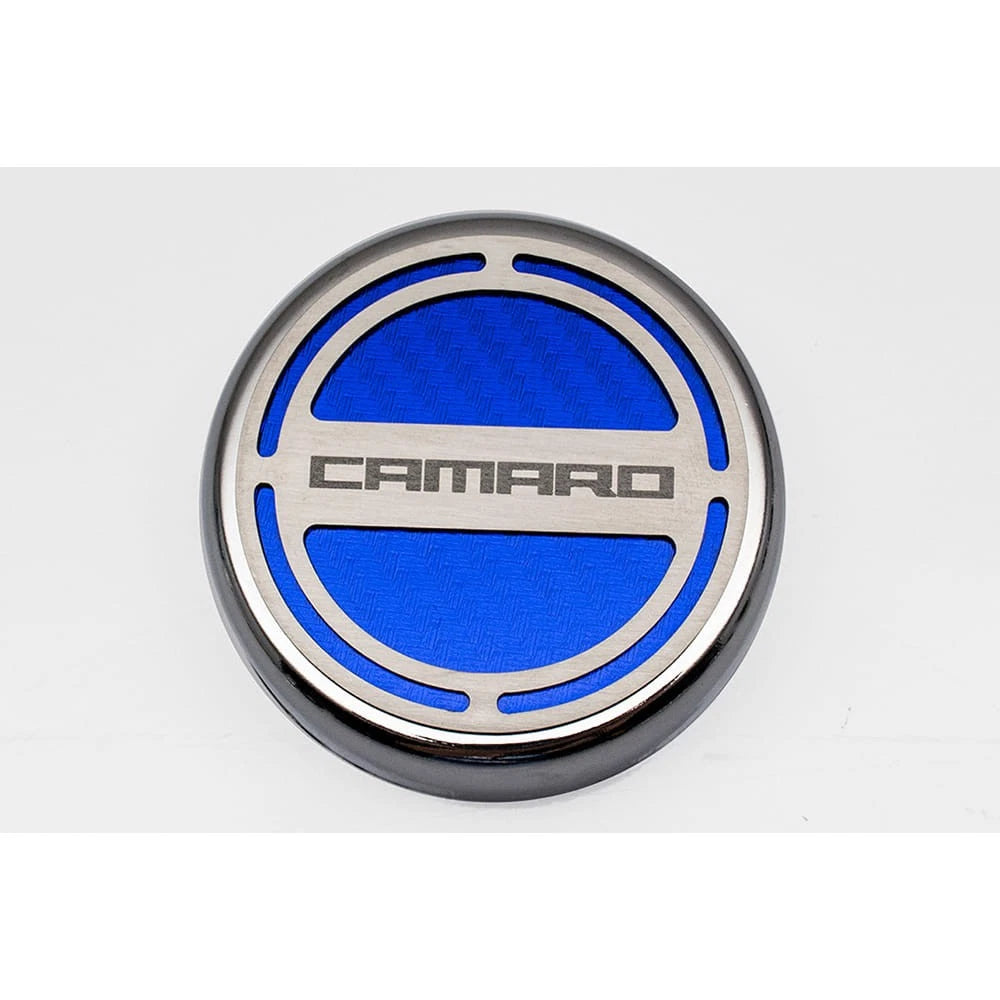 Chrome Cap Covers w/Blue Carbon Fiber Inlay&Camaro for 10-15 Camaro V8 Automatic