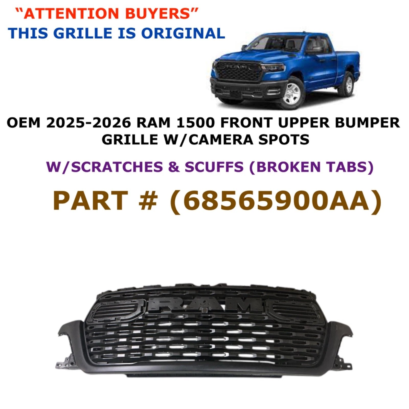 Front Upper Bumper Grille with Camera for RAM 1500 (2025–2026) 68565900AA