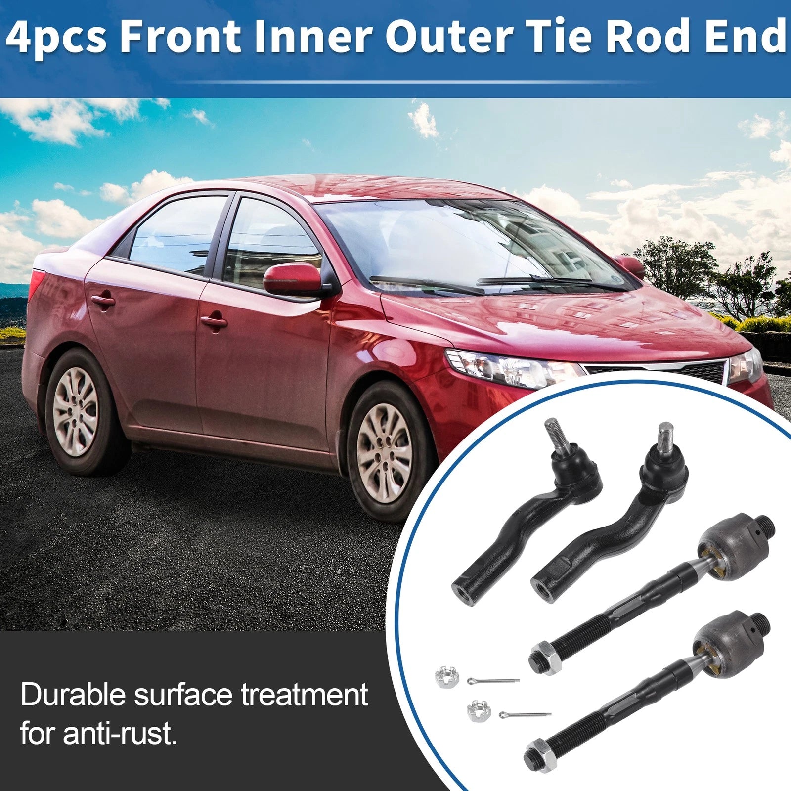 Set of 4 Front Inner Outer Tie Rod End Links for Ford Fusion, Lincoln MKZ