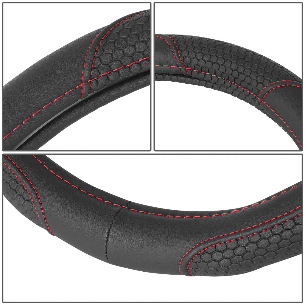 Steering Wheel Cover Black Hexagon Pattern Red 14.5" for Universal Fit