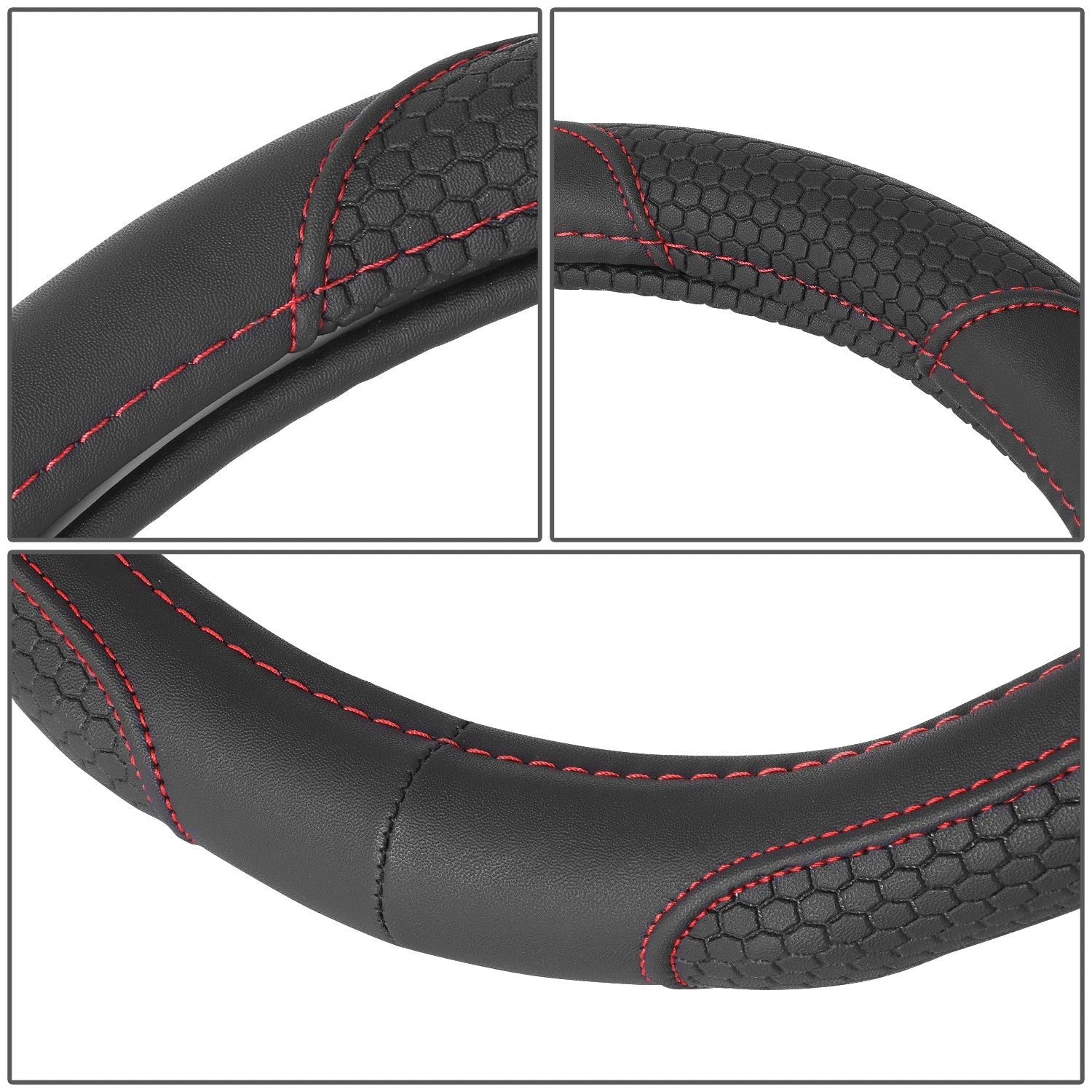 Steering Wheel Cover Black Hexagon Pattern Red 14.5" for Universal Fit