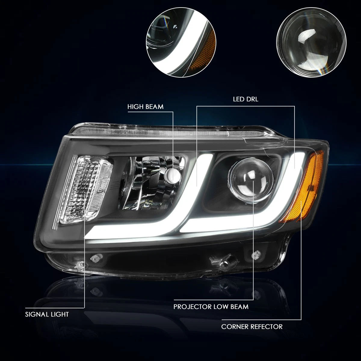 LED DRL Bar Projector Headlights for Jeep Grand Cherokee (2014–2016)