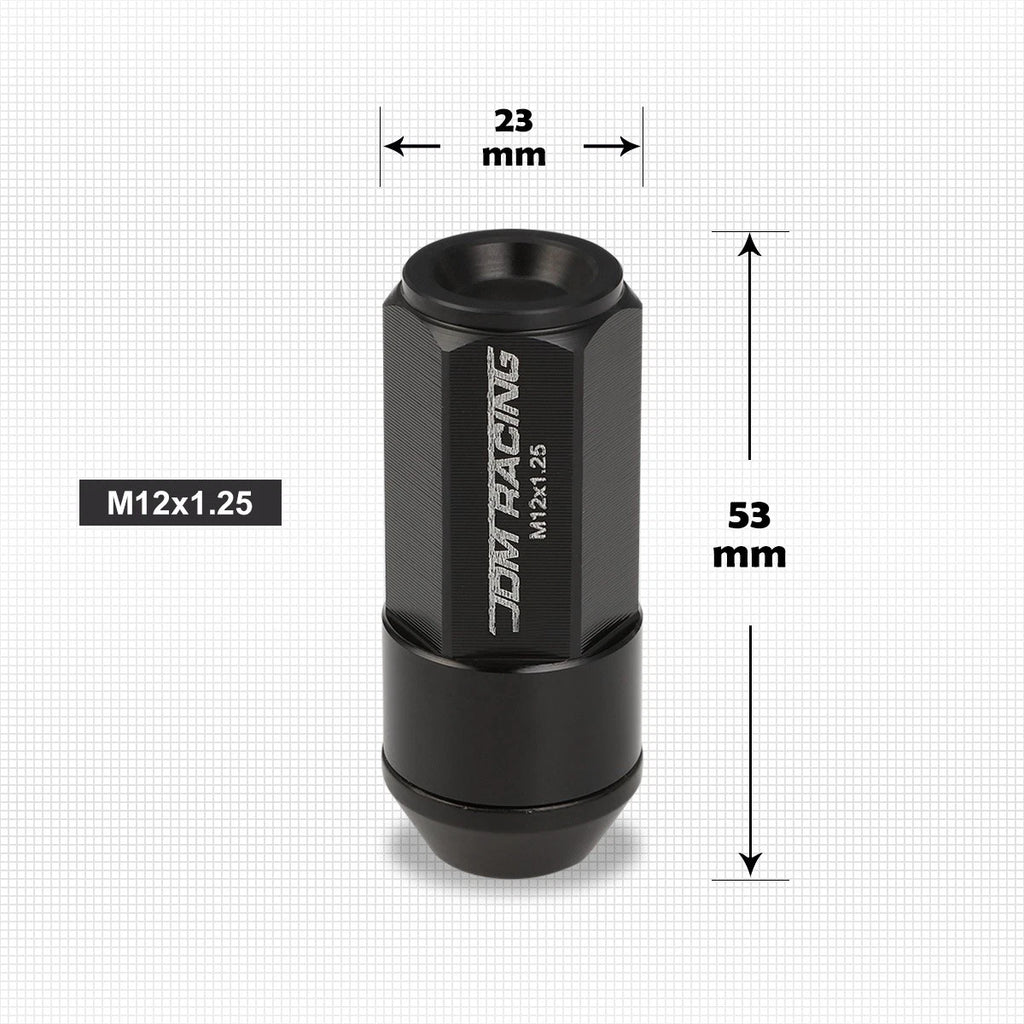 Set of 20 M12X1.25 Black JDM Cone Seat Hex Wheel Lug Nuts with Cap & Extension
