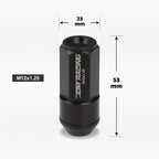 Set of 20 M12X1.25 Black JDM Cone Seat Hex Wheel Lug Nuts with Cap & Extension