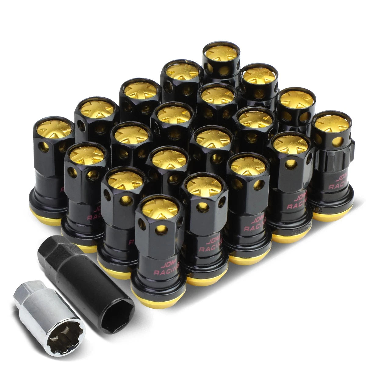 Set of 16 Aluminum Gold Rim Lock Nuts + Adapter M12x1.5 22mm OD/45mm Tall