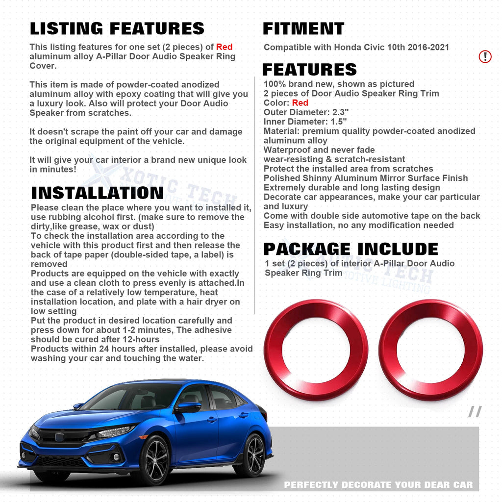 A-Pillar Door Speaker Ring Cover for Honda Civic 2016-2021 (Red)