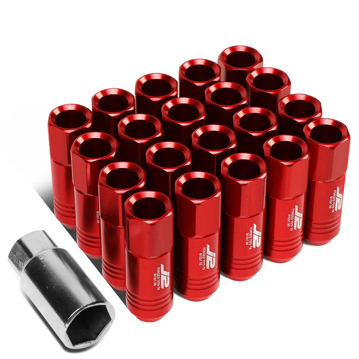 Set of 20 J2 7075 Forged Aluminum M12x1.5 Open-End Lug Nuts w/Adapter Red