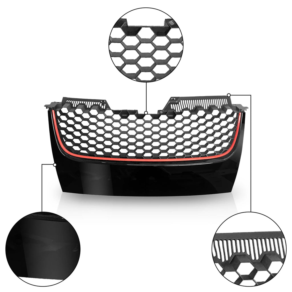 Mesh Grille for VW GTI GLI Jetta MK5 (2006–2009) - Black Badgeless with Red Trim
