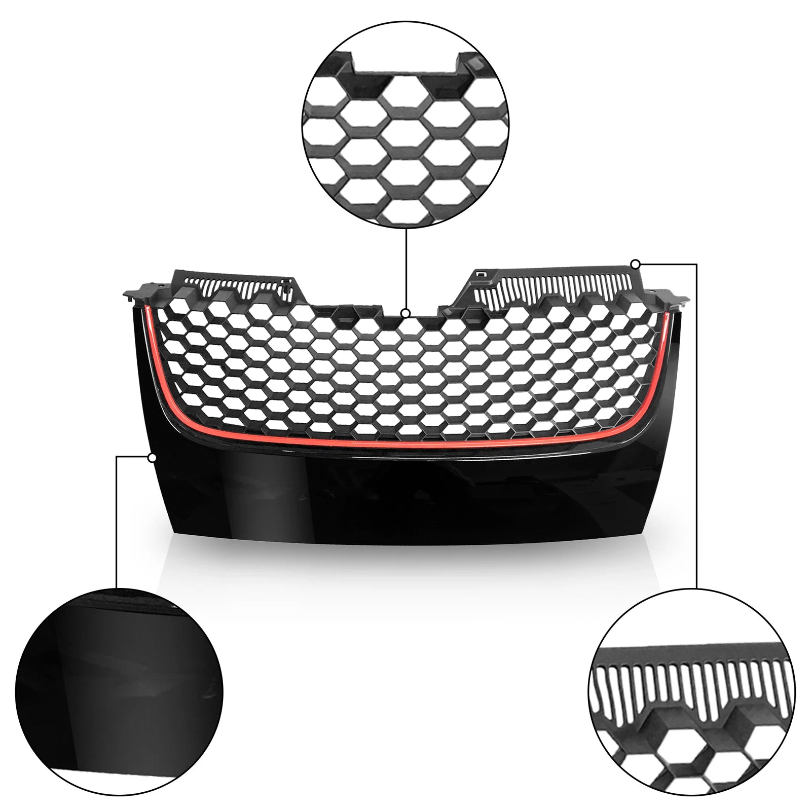 Mesh Grille for VW GTI GLI Jetta MK5 (2006–2009) - Black Badgeless with Red Trim