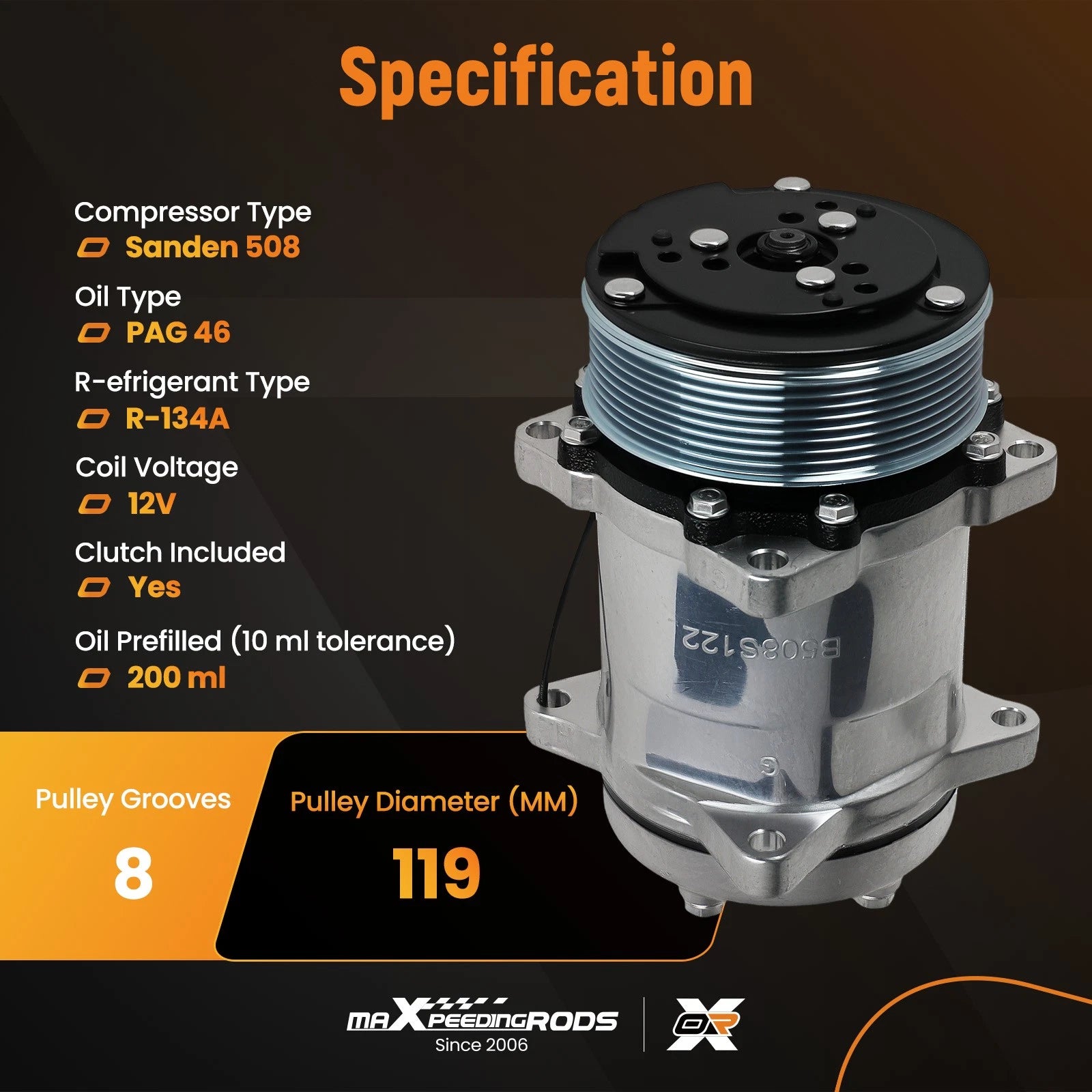 Air Compressor with Clutch for Sanden 5H14 508 R134a (200ml PAG46)