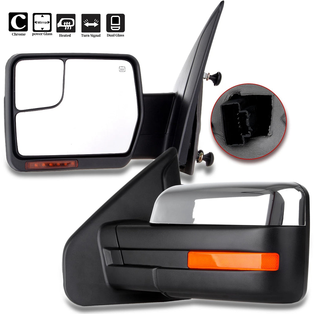 Set of 2 Power Heated Puddle Light Signal Chrome Tow Mirrors for Ford F150 (2004–2014)