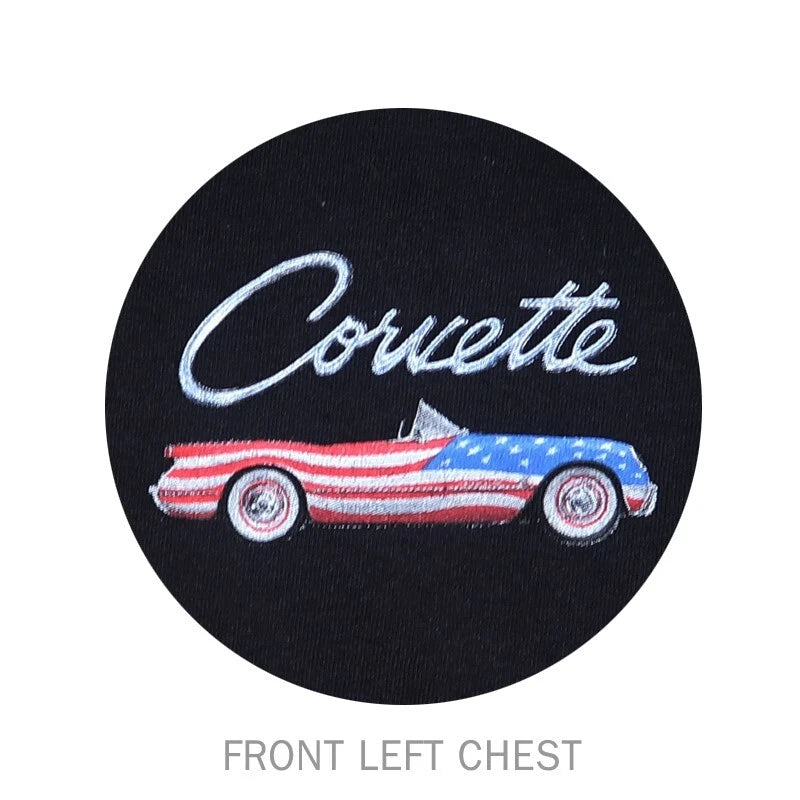 Black Chevy Corvette T-Shirt with American Flag Graphic for All Years (C1–C8)