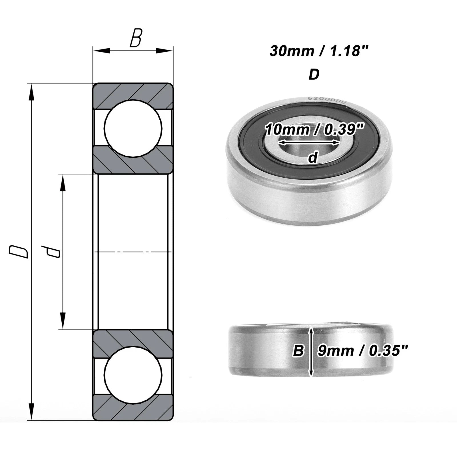 6200DDU Deep Groove Ball Bearing for Scooter Skateboard Wheel (10x30x9mm)