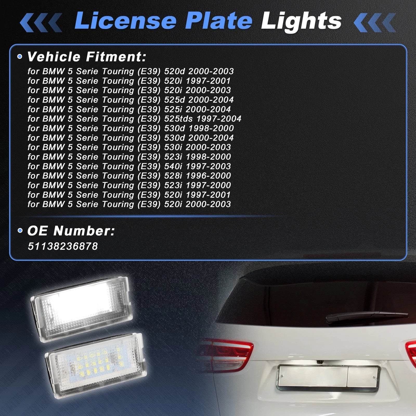 LED License Plate Light for BMW 5 Series Touring (E39) 520d (2000–2003) No. 51138236878