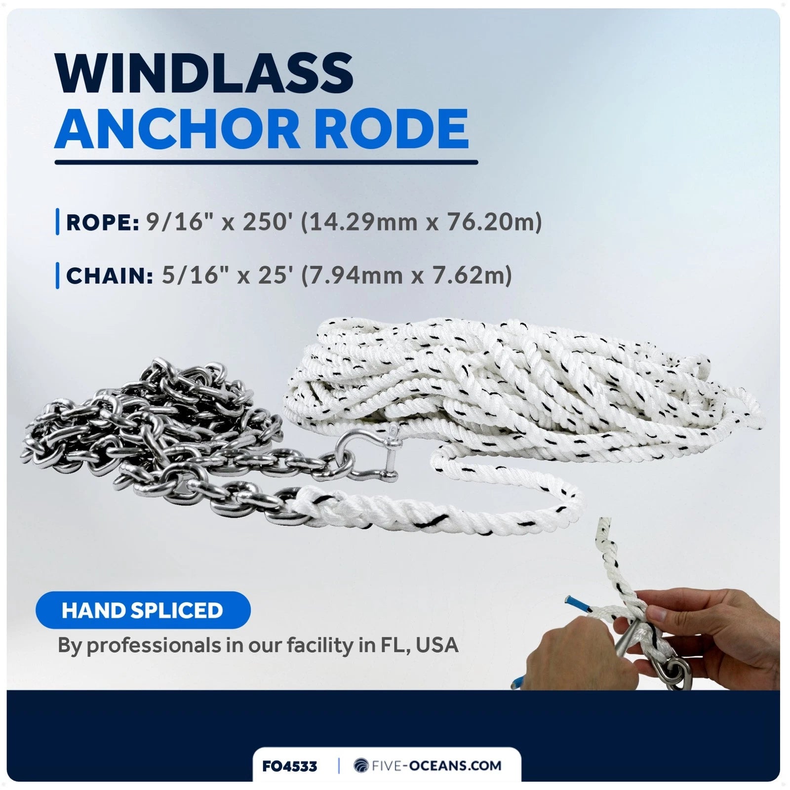 Windlass Anchor Rode 9/16"x250' Rope & 5/16"x25' G4 Chain for Marine Use